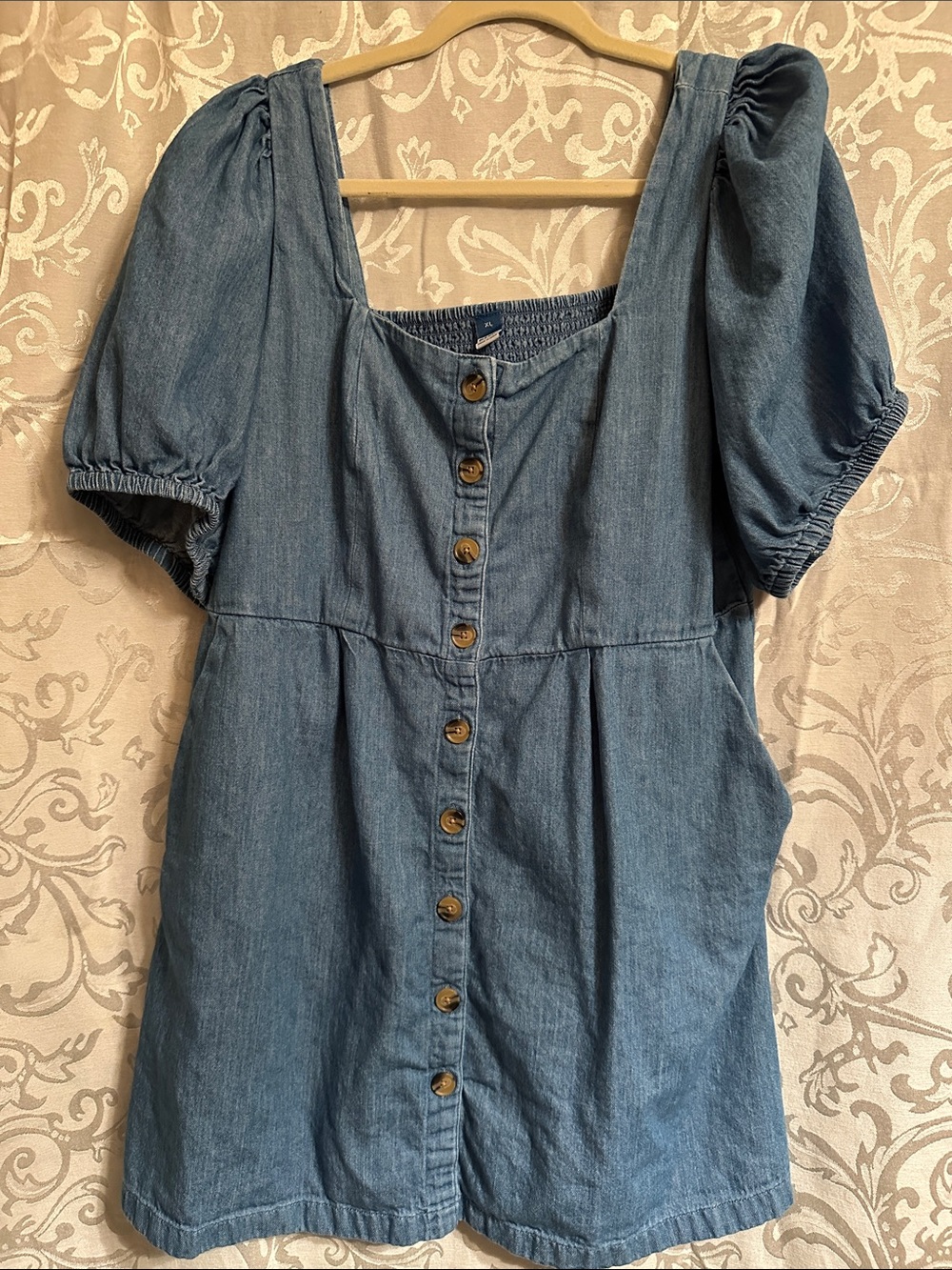 Old Navy Denim Button-Front Puff Sleeve Dress - Blue with Pockets